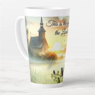 Sunrise Church with Birds in Misty Meadow Latte Mug
