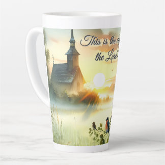 Sunrise Church with Birds in Misty Meadow Latte Mug