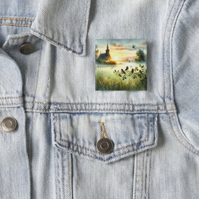 Sunrise Church with Birds in Misty Meadow No Verse 15 Cm Square Badge (In Situ)