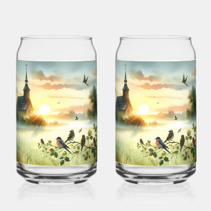 Sunrise Church with Birds in Misty Meadow No Verse Can Glass