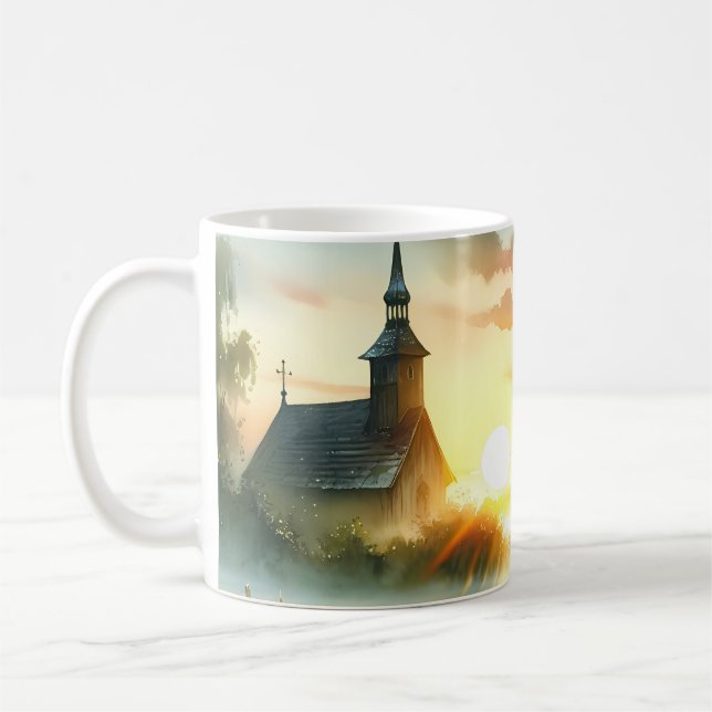 Sunrise Church with Birds in Misty Meadow No Verse Coffee Mug (Left)