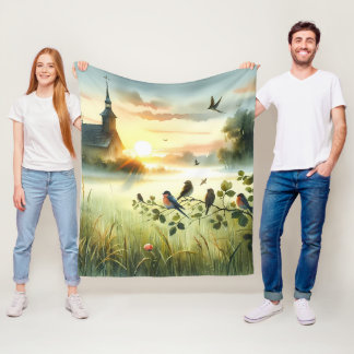 Sunrise Church with Birds in Misty Meadow No Verse Fleece Blanket