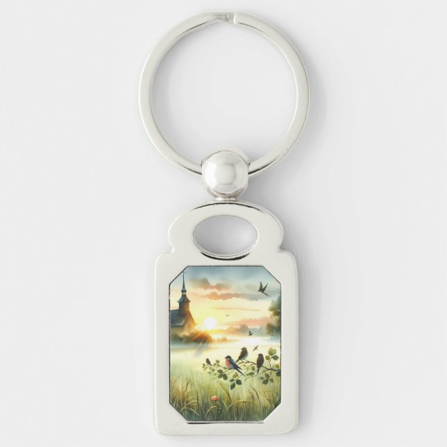 Sunrise Church with Birds in Misty Meadow No Verse Key Ring (Front)