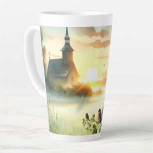 Sunrise Church with Birds in Misty Meadow No Verse Latte Mug