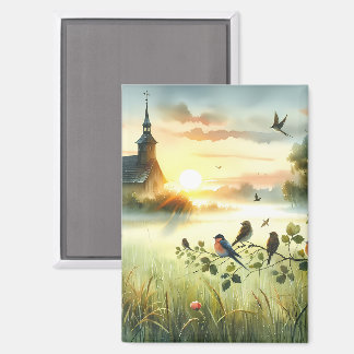 Sunrise Church with Birds in Misty Meadow No Verse Magnet