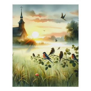 Sunrise Church with Birds in Misty Meadow No Verse Poster