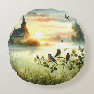 Sunrise Church with Birds in Misty Meadow No Verse Round Cushion