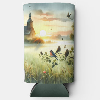Sunrise Church with Birds in Misty Meadow No Verse Seltzer Can Cooler