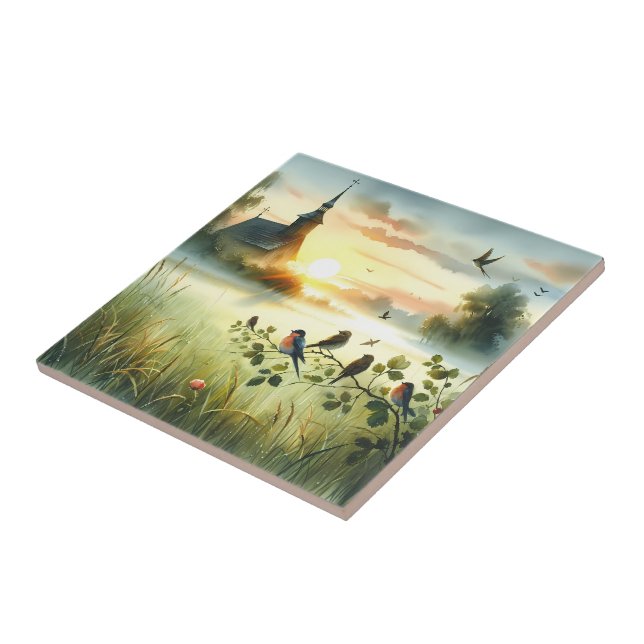 Sunrise Church with Birds in Misty Meadow No Verse Tile (Side)