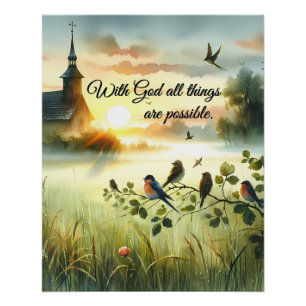 Sunrise Church with Birds in Misty Meadow Poster