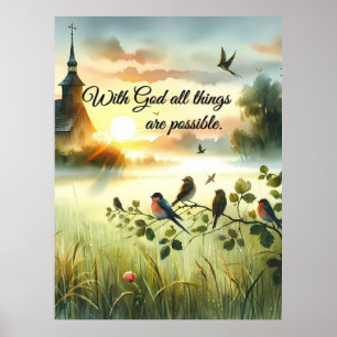 Sunrise Church with Birds in Misty Meadow Poster