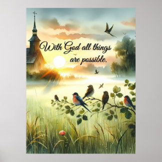 Sunrise Church with Birds in Misty Meadow Poster
