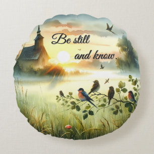 Sunrise Church with Birds in Misty Meadow Round Cushion