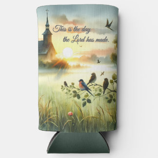 Sunrise Church with Birds in Misty Meadow Seltzer Can Cooler