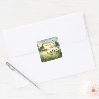 Sunrise Church with Birds in Misty Meadow Square Sticker