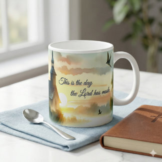 Sunrise Church with Birds in Misty Meadow Text Coffee Mug