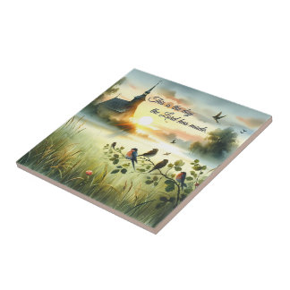 Sunrise Church with Birds in Misty Meadow Tile