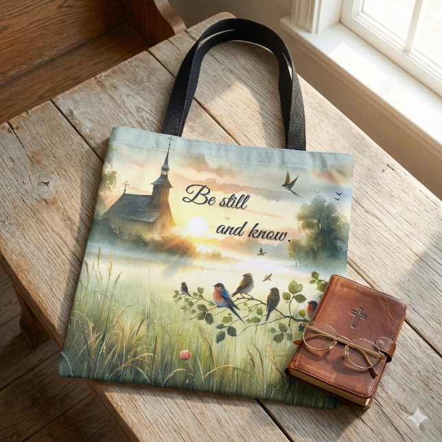 Sunrise Church with Birds in Misty Meadow Tote Bag (Sunrise Church with Birds in Misty Meadow Tote Bag On Wood Table)