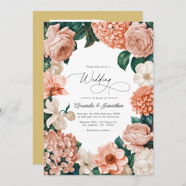 Sunrise Coral/Blush Peach/Driftwood Cream Wedding Invitation (Front/Back)