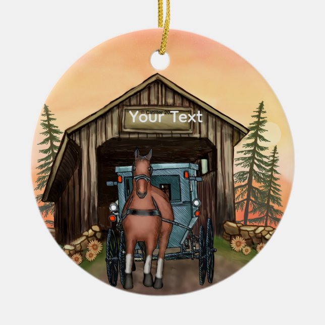 Sunrise Covered Bridge Ceramic Tree Decoration (Front)