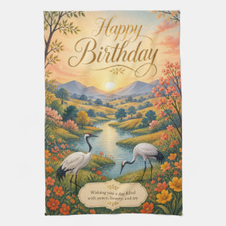 Sunrise Crane Meadow Birthday Serenity Tea Towel