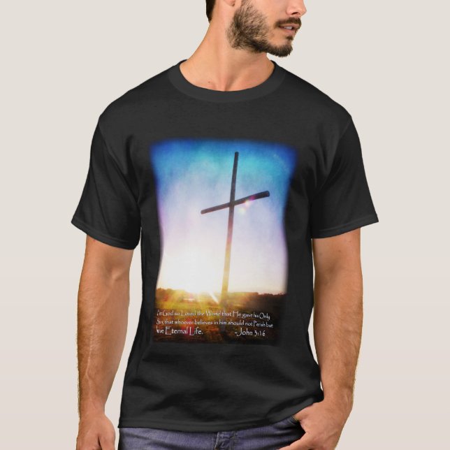 Sunrise Cross John 3:16 T Shirt Dark Colours (Front)