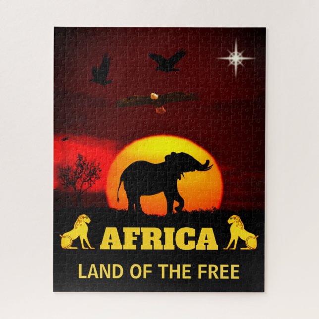 Sunrise, eagles, lions & elephant on Africa land Jigsaw Puzzle (Vertical)