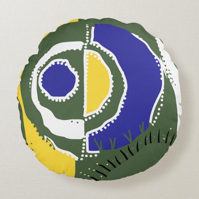 Sunrise Ethnic Circle - Yellow Green White Blue Round Cushion (Front)