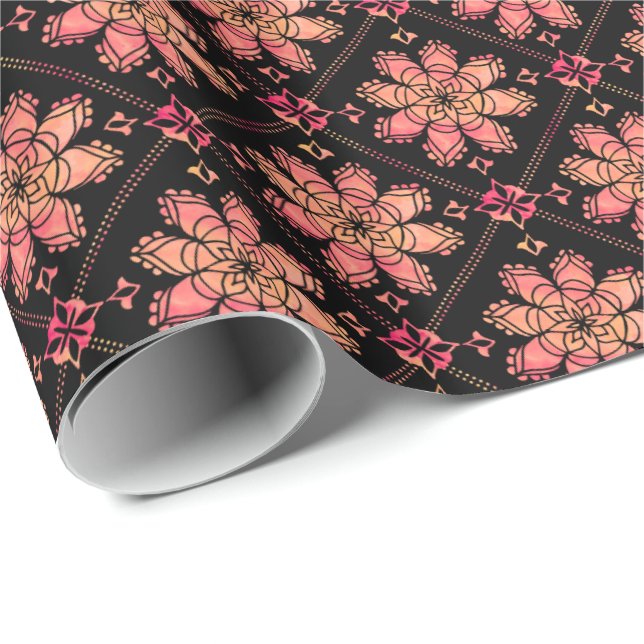 Sunrise Exotic Lotus Flower Watercolor Black Wrapping Paper (Roll Corner)