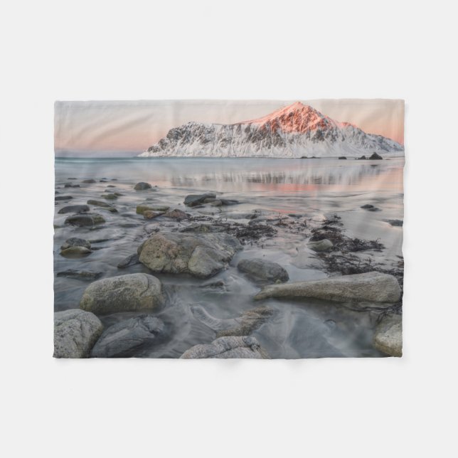 Sunrise Flakstad and Skagsanden Beach Fleece Blanket (Front (Horizontal))