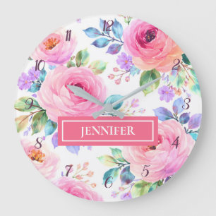 Sunrise Floral Boho Custom Name Design             Large Clock