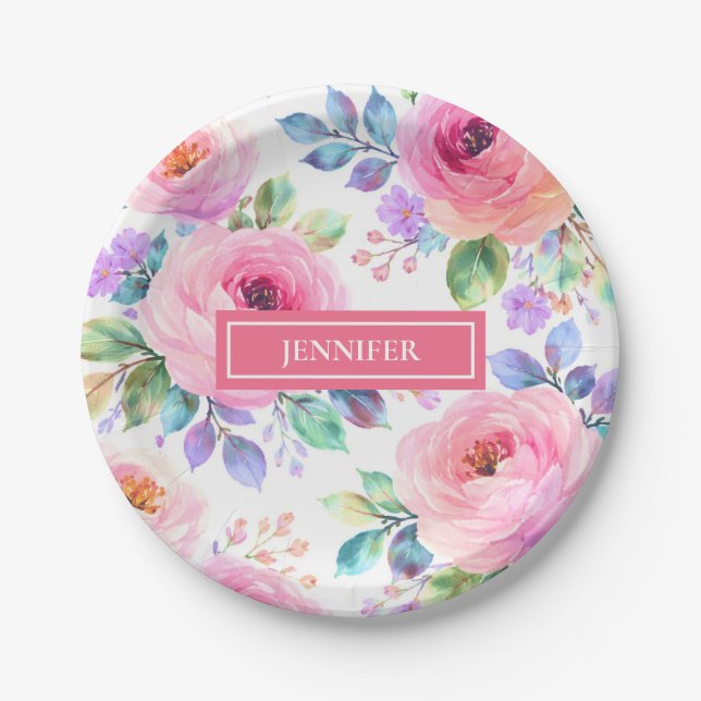 Sunrise Floral Boho Custom Name Design             Paper Plate (Front)