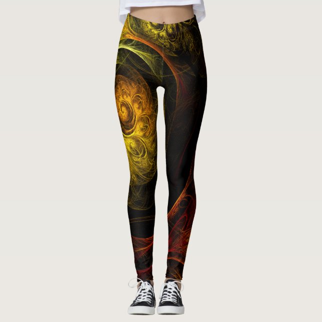 Sunrise Floral Red Abstract Art Leggings (Front)