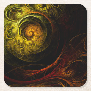 Sunrise Floral Red Abstract Art Square Paper Coaster