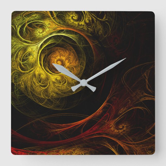 Sunrise Floral Red Abstract Art Square Wall Clock (Front)
