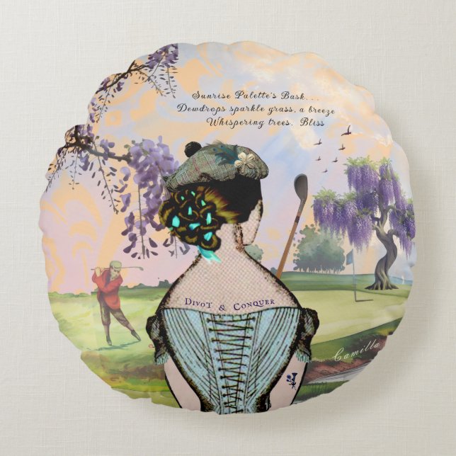 Sunrise Golfer's Haiku Round Pillow (Front)