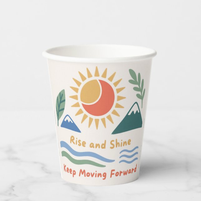 sunrise illustration  “Rise and Shine!” quote  mot Paper Cups (Front)