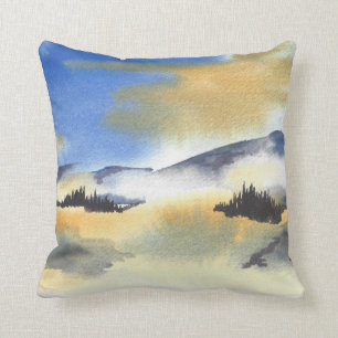 Sunrise in blue and yellow landscape. Watercolor Cushion
