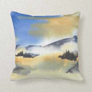 Sunrise in blue and yellow landscape. Watercolor Cushion