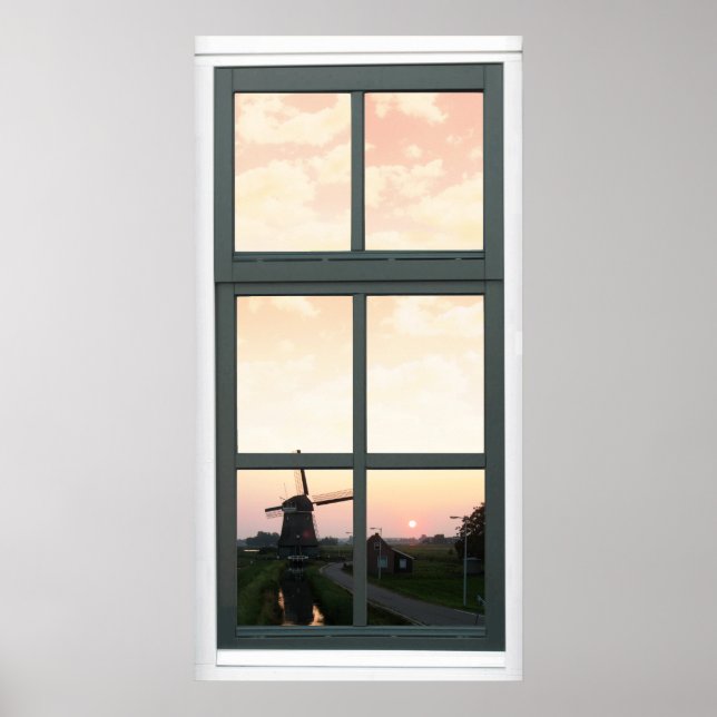 Sunrise Landscape Windmill Faux Window View Poster (Front)