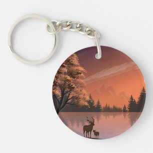 Sunrise Landscape with Lake and Deers-51207 Key Ring