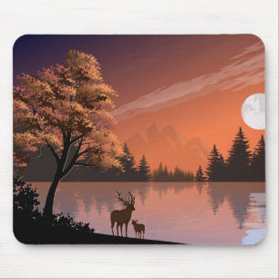 Sunrise Landscape with Lake and Deers-51207 Mouse Mat