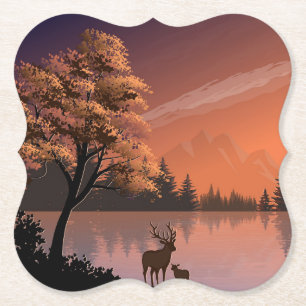 Sunrise Landscape with Lake and Deers-51207 Paper Coaster