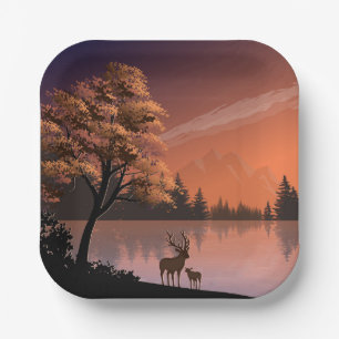 Sunrise Landscape with Lake and Deers-51207 Paper Plate