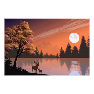 Sunrise Landscape with Lake and Deers-51207 Photo Print