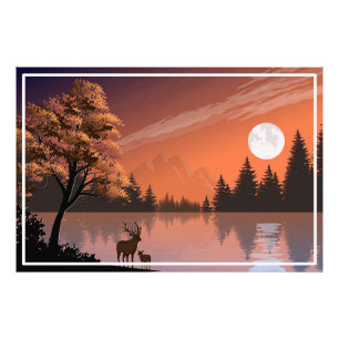 Sunrise Landscape with Lake and Deers-51207 Photo Print