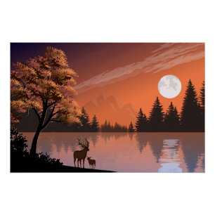 Sunrise Landscape with Lake and Deers-51207 Poster