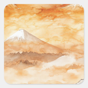 Sunrise Mount Fuji Watercolor Orange Landscape Square Sticker
