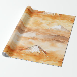 Sunrise Mount Fuji Watercolor Orange Landscape Wrapping Paper