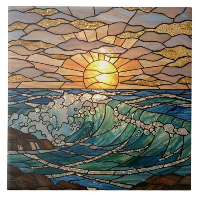 Sunrise Ocean Waves Stained Glass Illusion Tile (Front)